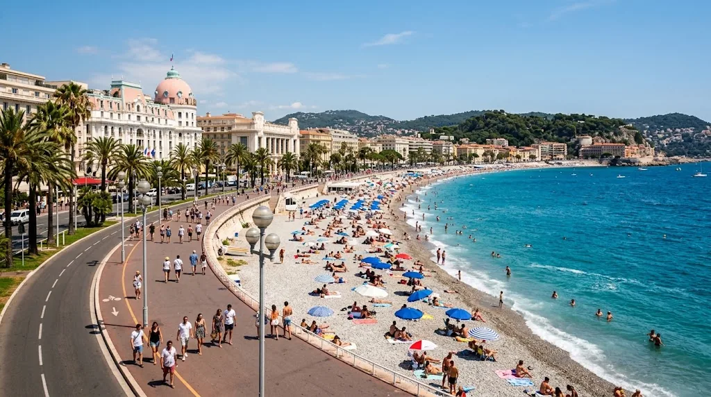 Pebble beach and curved seafront promenade in Nice on a clear July day.