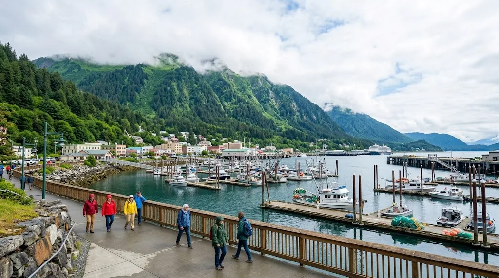 Juneau harbor and green mountains in Alaska in summer