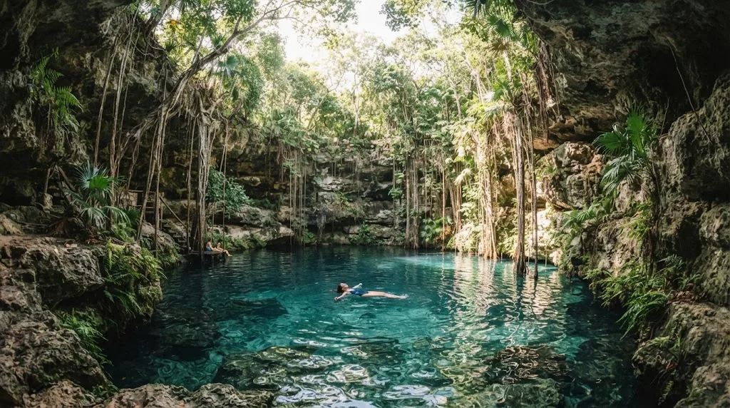 A swimmer in a clear jungle cenote with sunlight through the trees.