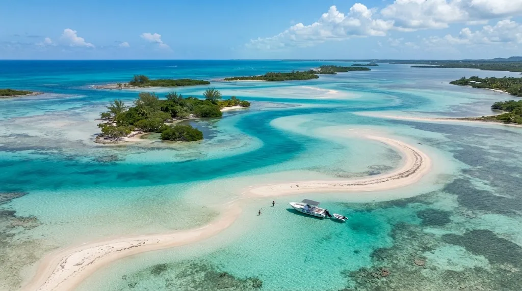 An aerial view of sandbars and small cays in a turquoise lagoon.