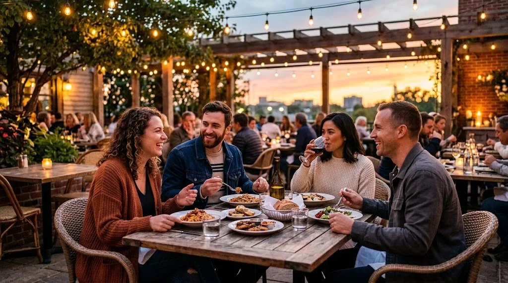 Friends on a restaurant patio on a mild 60 degree evening