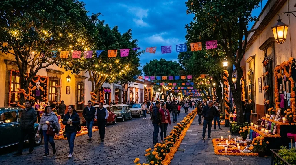 Marigolds and candles decorating a Mexico City street at dusk in November.