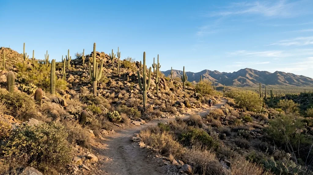 Saguaro cacti on a desert hillside near Phoenix under a clear sky.