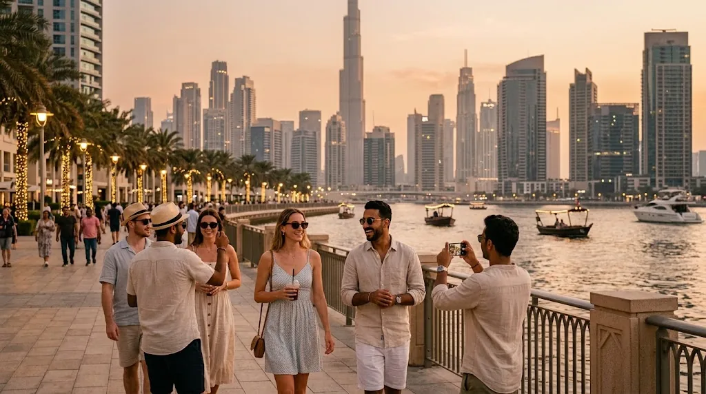 Tourists at the Dubai waterfront on a hot summer evening