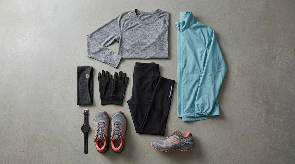 Running outfit for 50 degree weather laid out on the floor