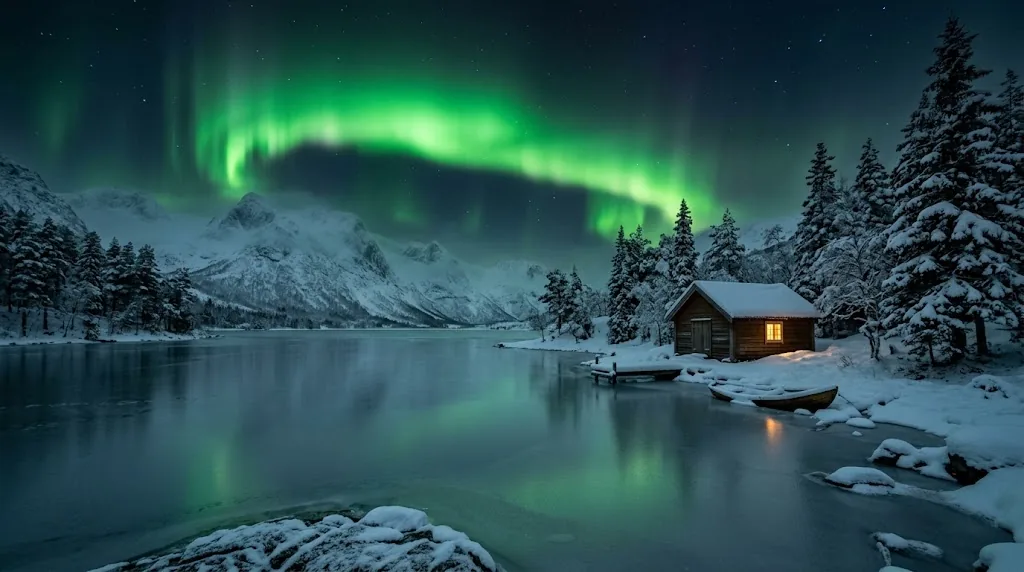 A snowy Norwegian lake and cabin under a green northern lights sky.