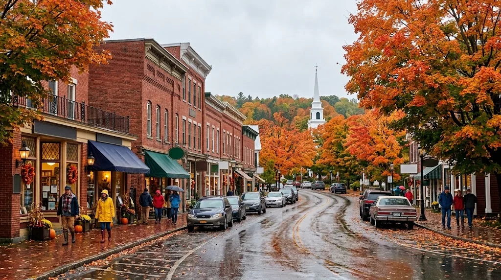 A brick street lined with orange and red maple trees in New England in October.