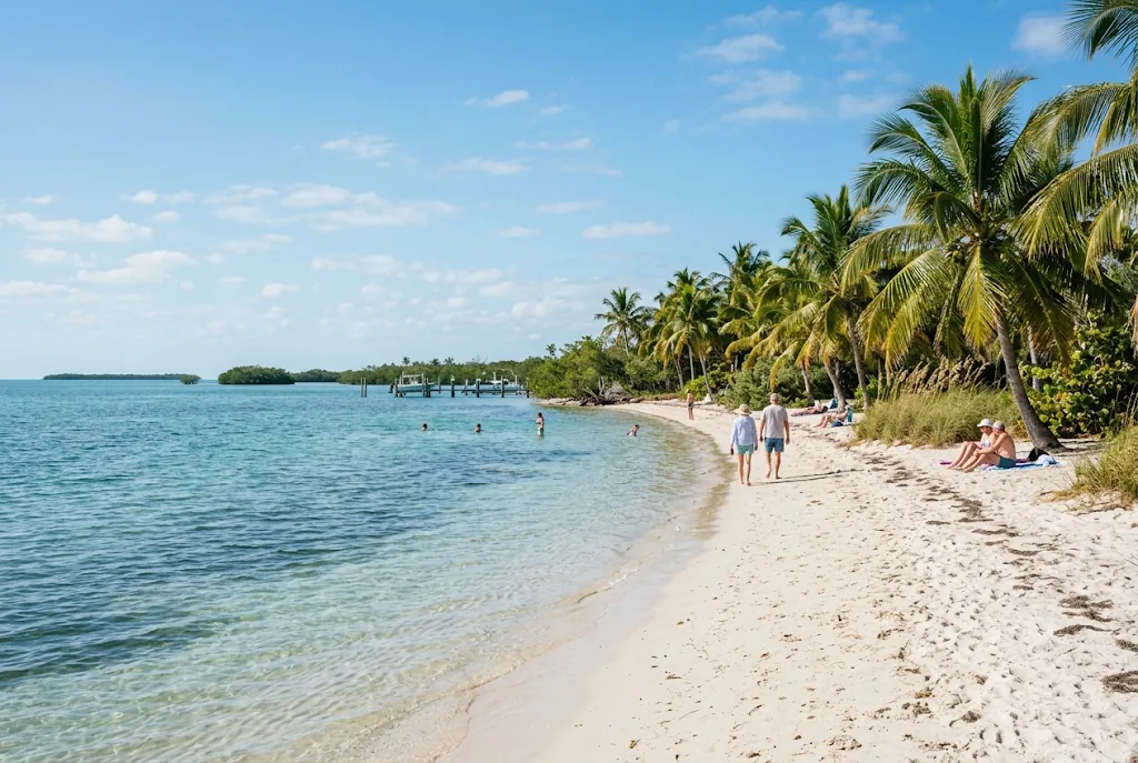 Sunny Florida Keys waterfront with palm trees and calm blue-green water in January