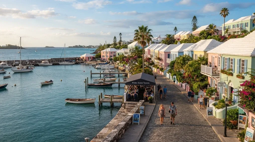 Pastel houses with white roofs beside a calm Bermuda harbor.