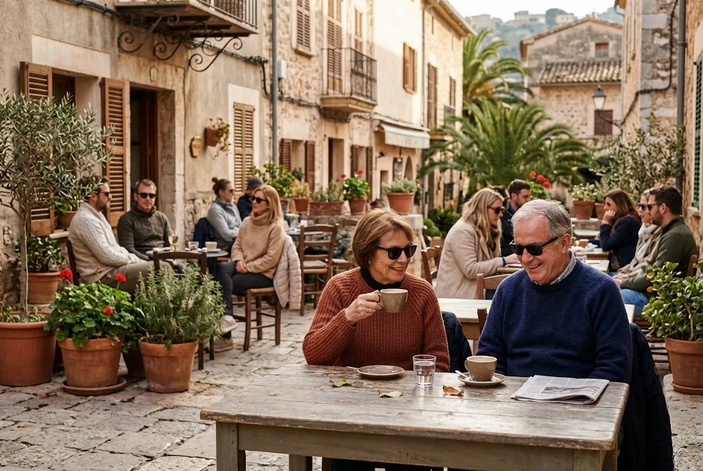 People at a sunny Mediterranean cafe terrace in winter