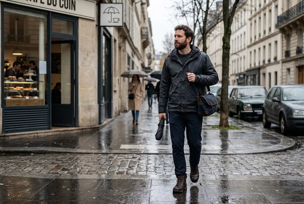 Traveler wearing a waterproof jacket and walking boots on a rainy city street