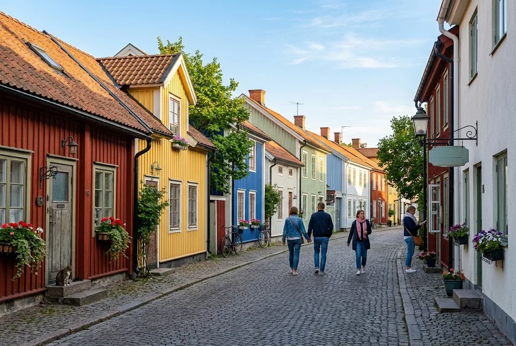 Colorful small houses on a Reykjavik style street in summer