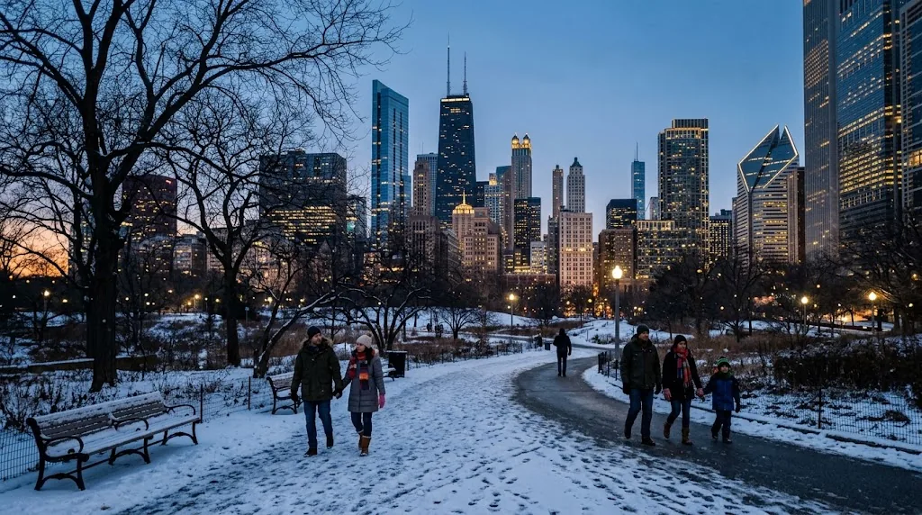 A snowy park in Chicago at dusk with downtown buildings lit in the background.