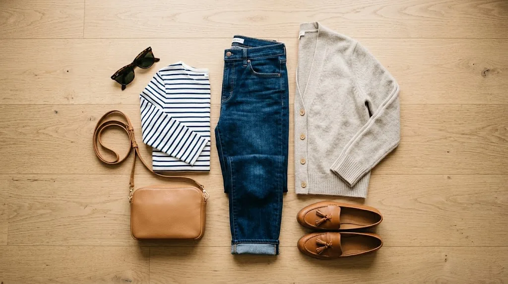 Outfit for 60 degree weather laid out on a wooden floor