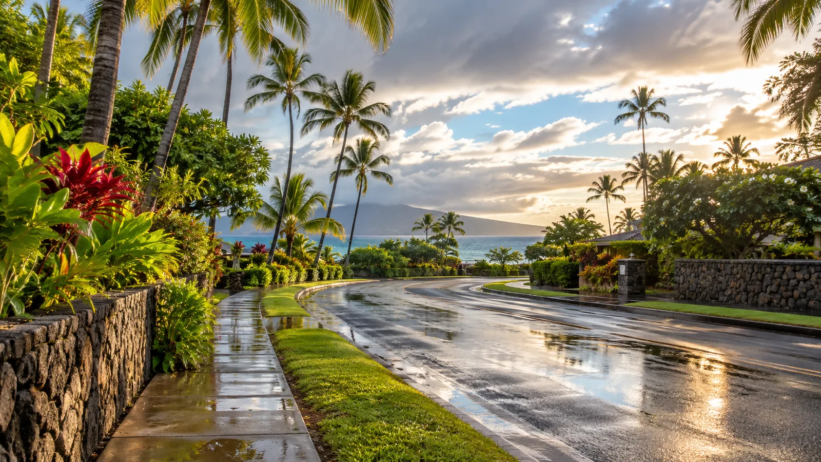 Palm-lined Hawaiian coastal street after a December rain shower, with sunlight breaking through clouds.