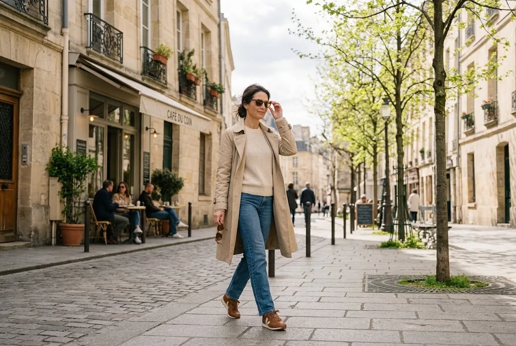 Woman wearing a trench coat, sweater and jeans on a sunny spring city walk