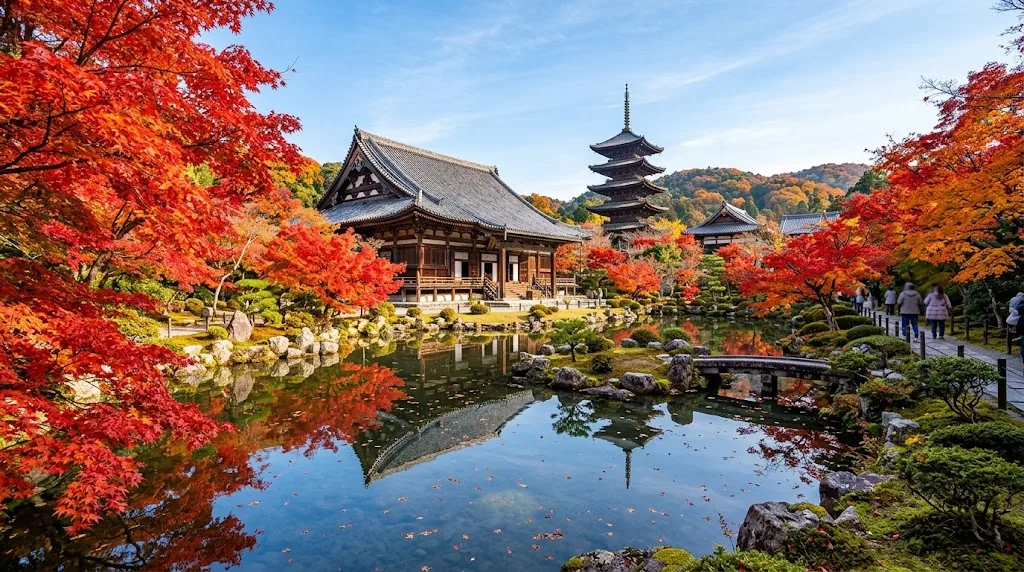 Red maple leaves at a Kyoto temple garden in autumn