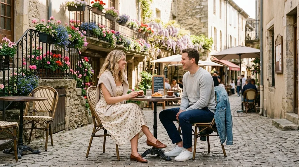 Couple at an outdoor cafe on a 70 degree spring afternoon