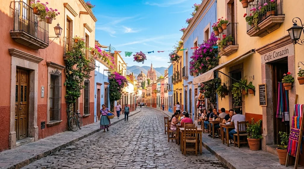 A colorful colonial street with flowers and a cafe terrace on a sunny day in Mexico.