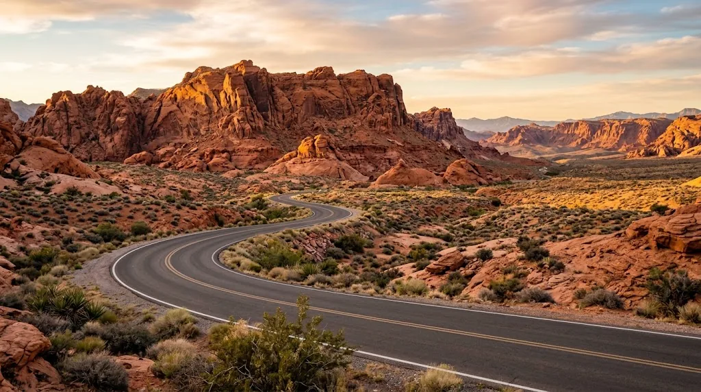 Red sandstone cliffs and a desert road near Las Vegas in the golden light of October.