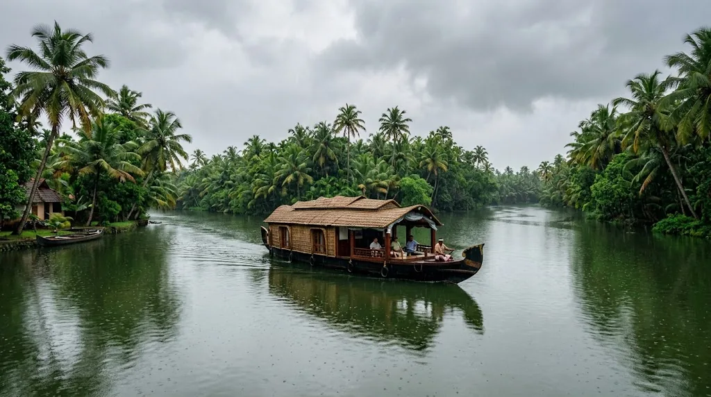A wooden houseboat on a green Kerala backwater under monsoon clouds.