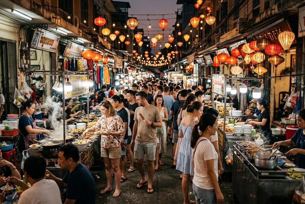Warm Asian street food market at dusk in February
