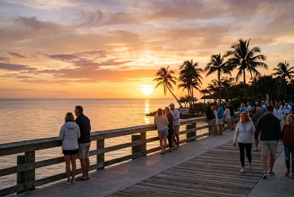 People watching sunset on a Florida Keys pier in January