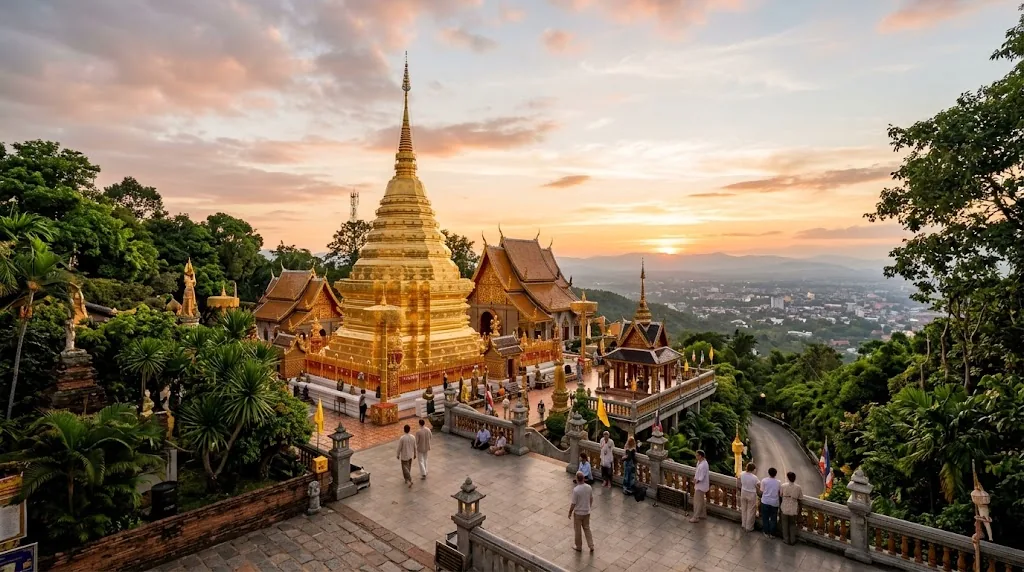 Golden temple in Chiang Mai, Thailand at sunset