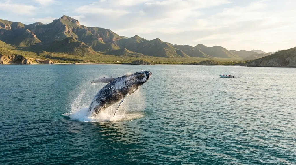 A humpback whale breaching in a bay with green mountains behind.