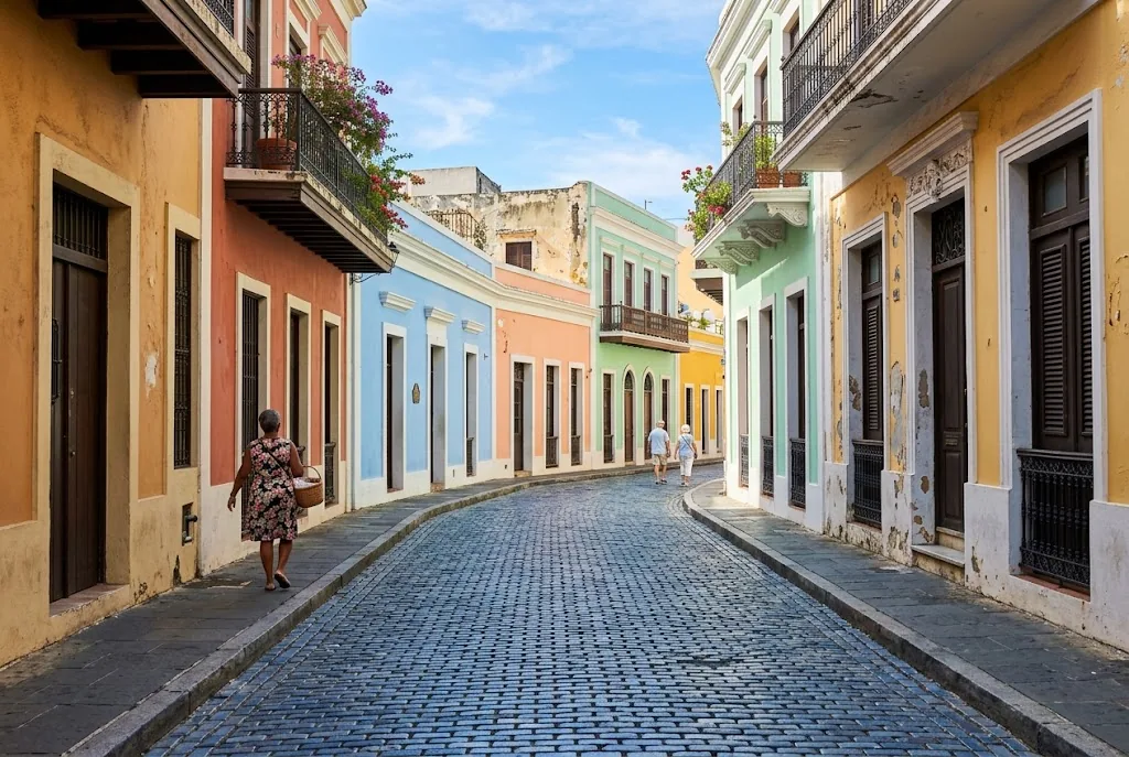Colorful colonial street with blue cobblestones in Puerto Rico