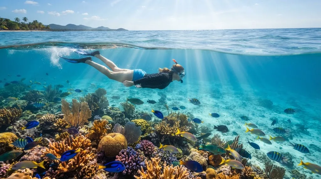 A snorkeler swimming over a coral reef with colorful fish in clear water.