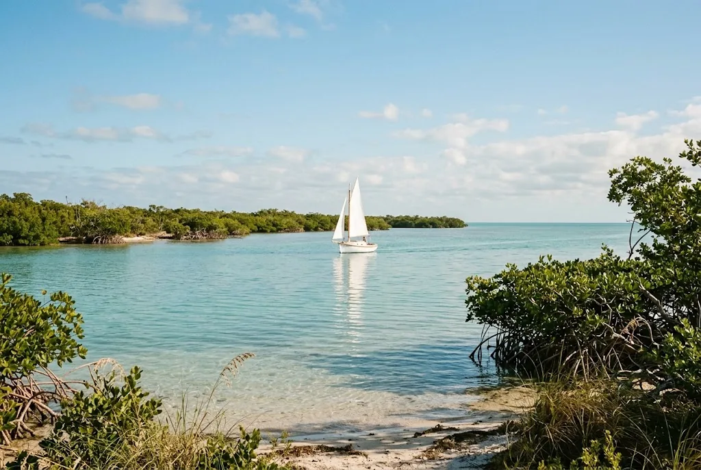 Sailboat on turquoise water off the Florida Keys in January