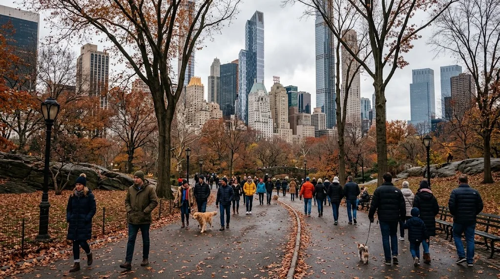 A park path in New York City with late autumn leaves and people in coats.