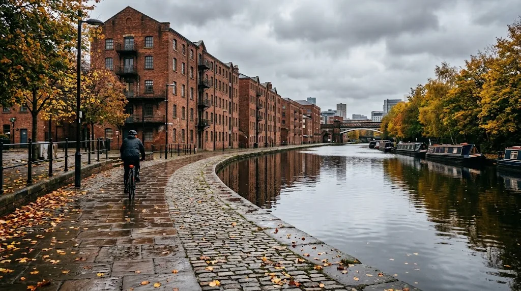 Canal towpath beside red brick warehouses on an overcast autumn day.