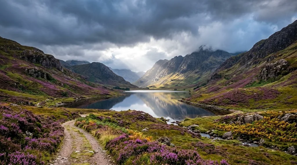 Highland glen with heather and a loch in early September.