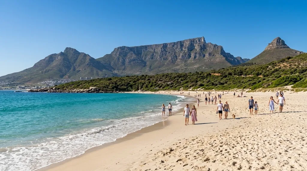 A flat-topped mountain above a Cape Town beach on a clear spring day.