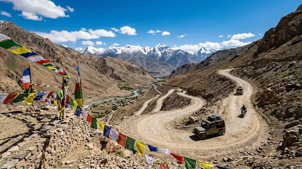 A winding Himalayan road with prayer flags and snow capped peaks in summer.