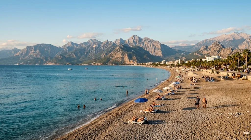 Konyaalti beach in Antalya, Turkey with warm sea in October