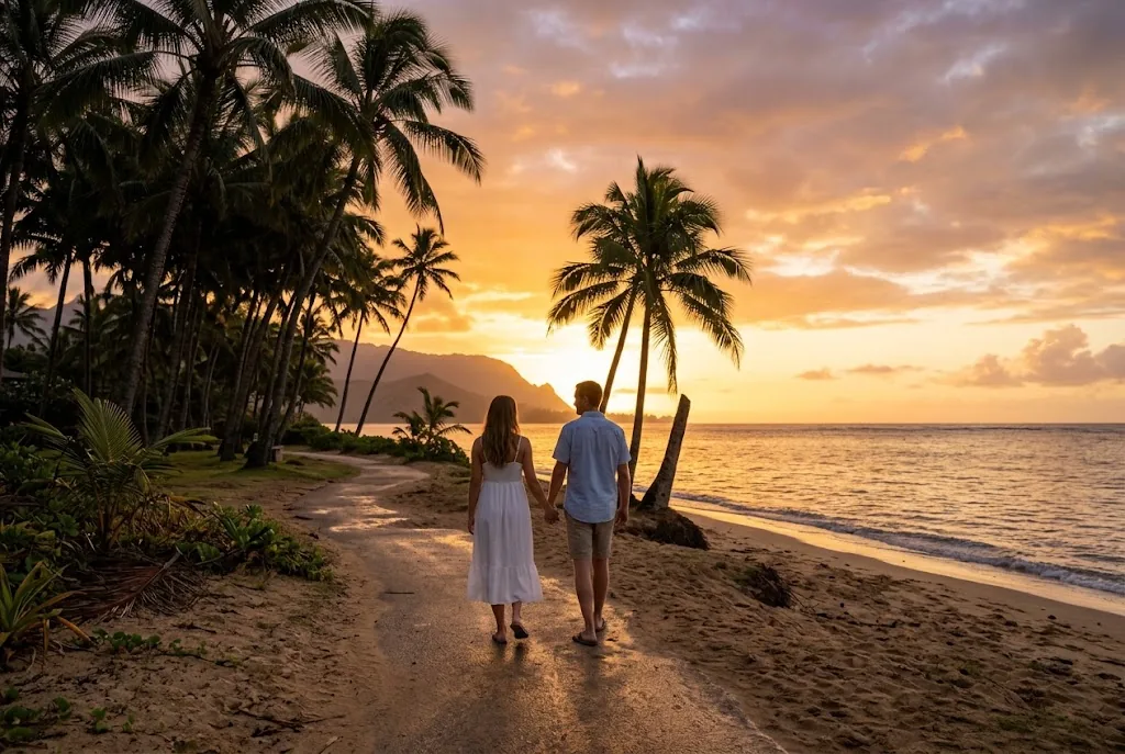 Couple walking on a Hawaiian beach path at sunset in December