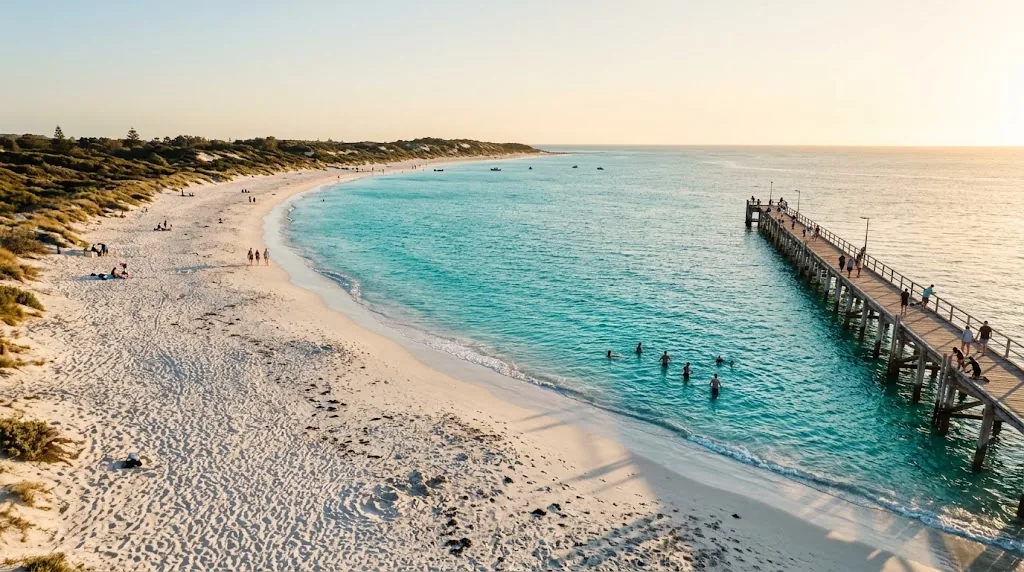A white sand beach near Perth with turquoise water on a clear summer evening.