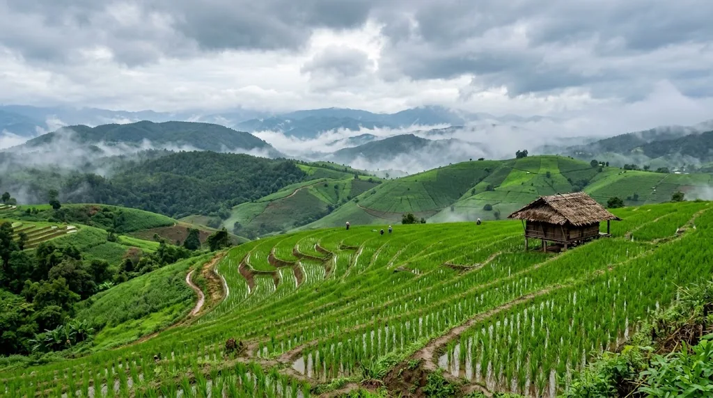 Green rice terraces in northern Thailand in the rainy season