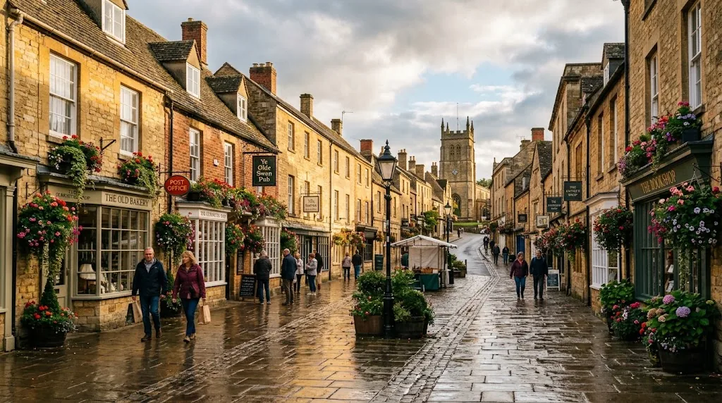 English market town high street in early September after a shower.