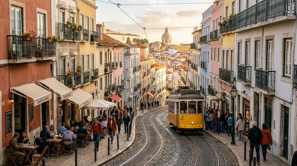 A yellow tram on a cobbled Lisbon street with cafe terraces in soft September light.