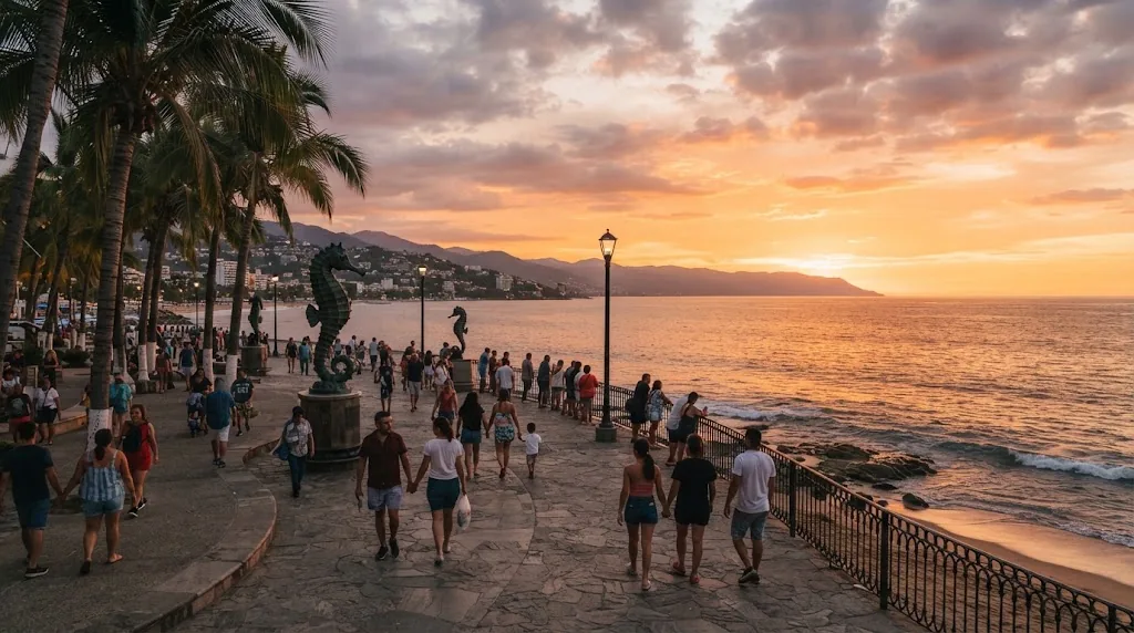 People strolling along a seaside promenade at sunset in Puerto Vallarta.