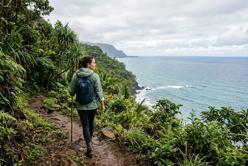 Hiker in a light rain jacket on a green tropical trail in January