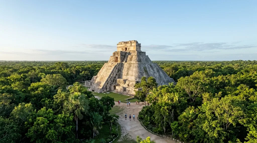 A Maya pyramid rising above jungle on a clear Yucatan morning.