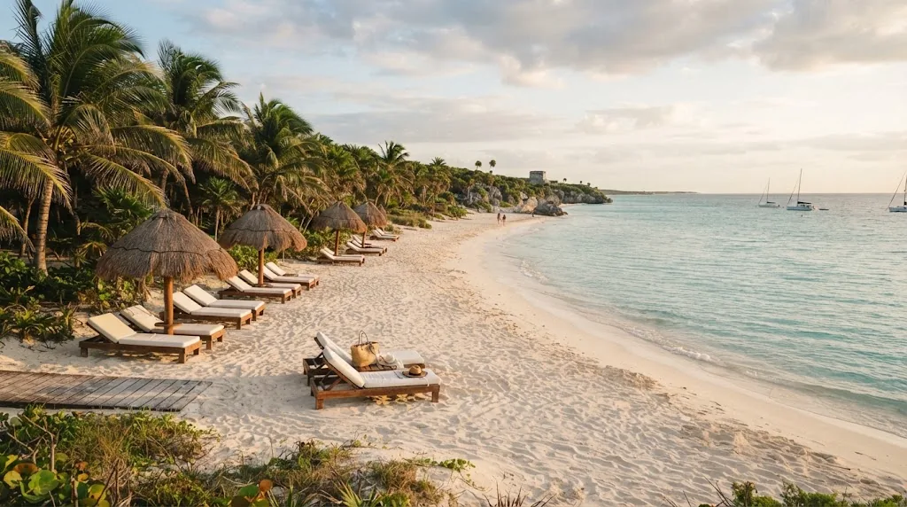 Thatched umbrellas and loungers on a calm white sand beach near Tulum.