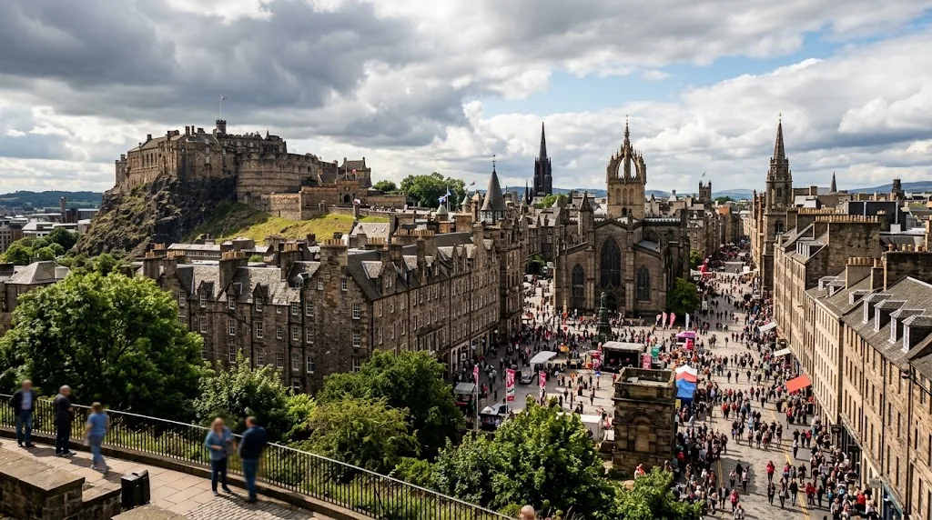 Edinburgh Castle and the Old Town skyline under broken August clouds.