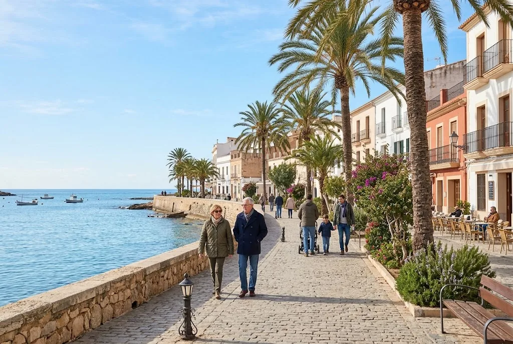 Mediterranean seaside promenade with palm trees on a mild December day