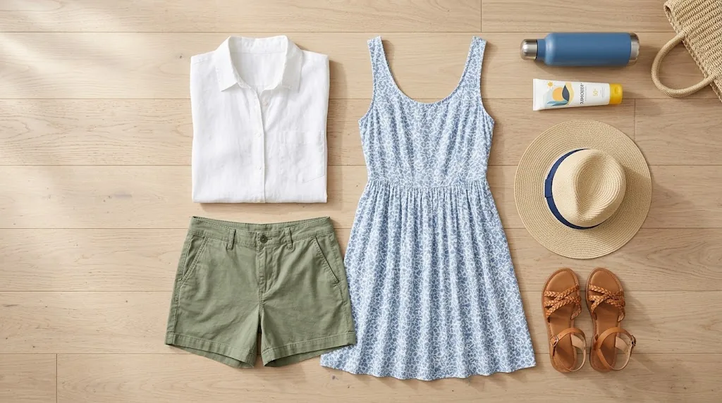 Outfit for 80 degree weather laid out on a wooden floor